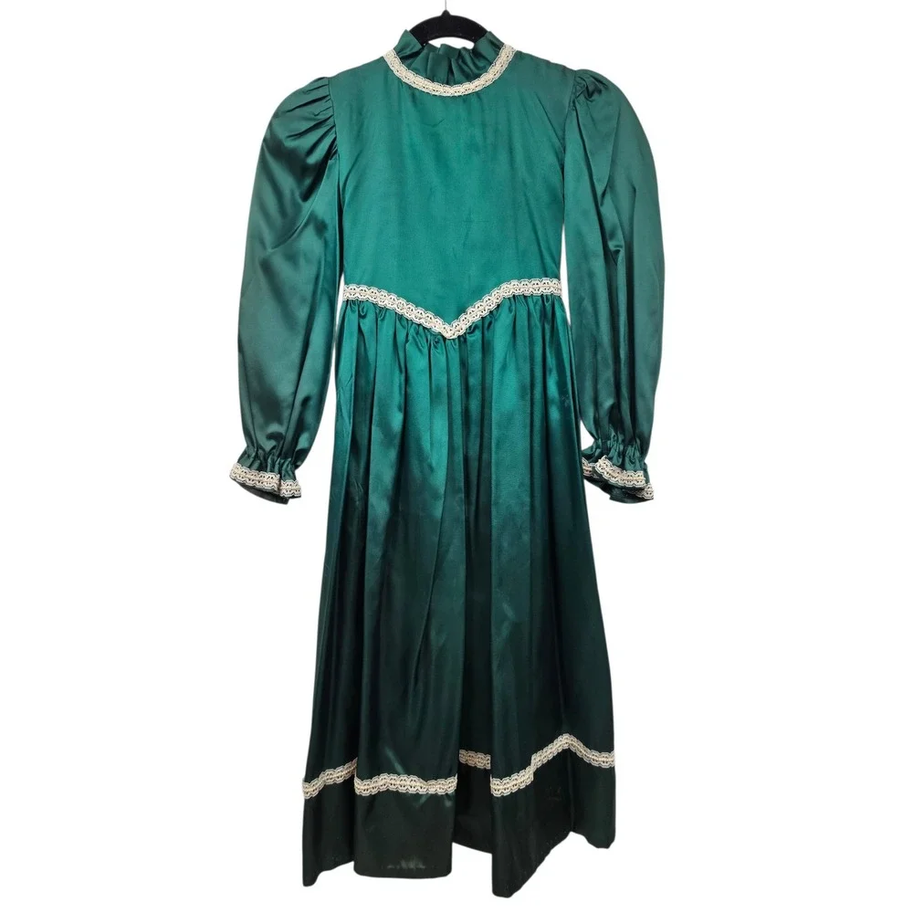 Vintage Emerald Green Satin Prairie Dress Girls Lace Trim Victorian Costume